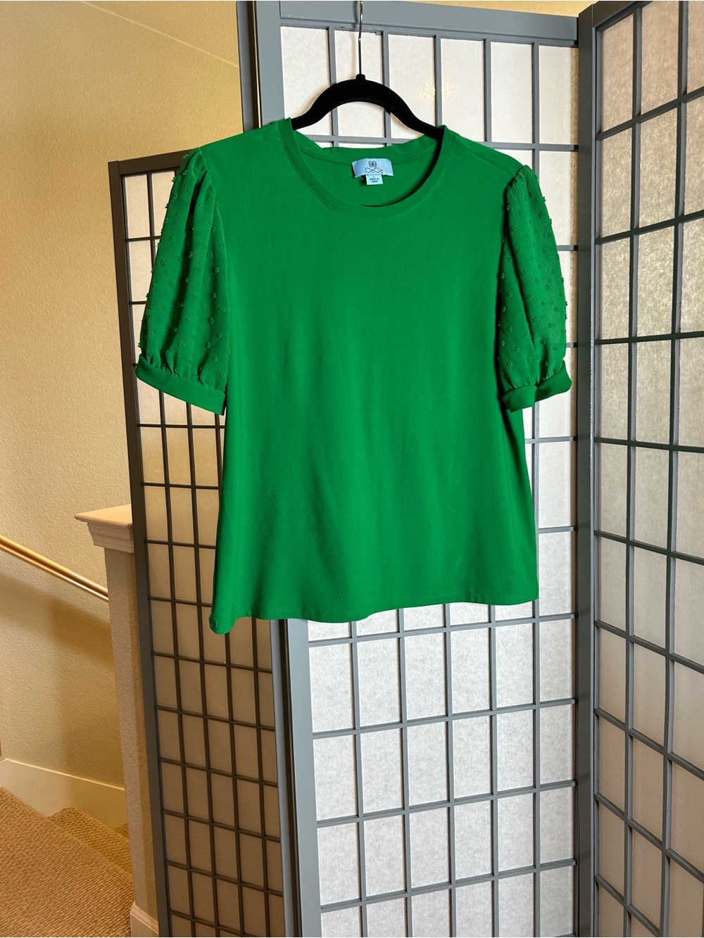 CeCe Emerald Green Puff-Sleeve Crewneck Top